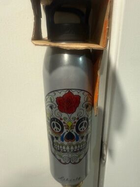 liberty Silver Water Bottle with Colorful Sugar Skull Design 24oz